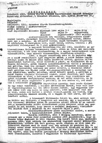 Részlet a Deportáltakat Gondozó Országos Bizottság által felvett jegyzőkönyvekből (Forrás: DEGOB-jegyzőkönyvek: 69, MZSL)
